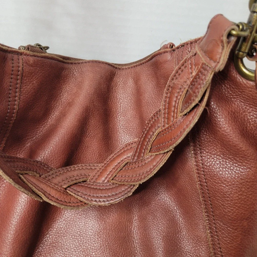 Lucky Brand Brown Leather Hobo Bag Braided Handle Crossbody Cognac Clover Charm